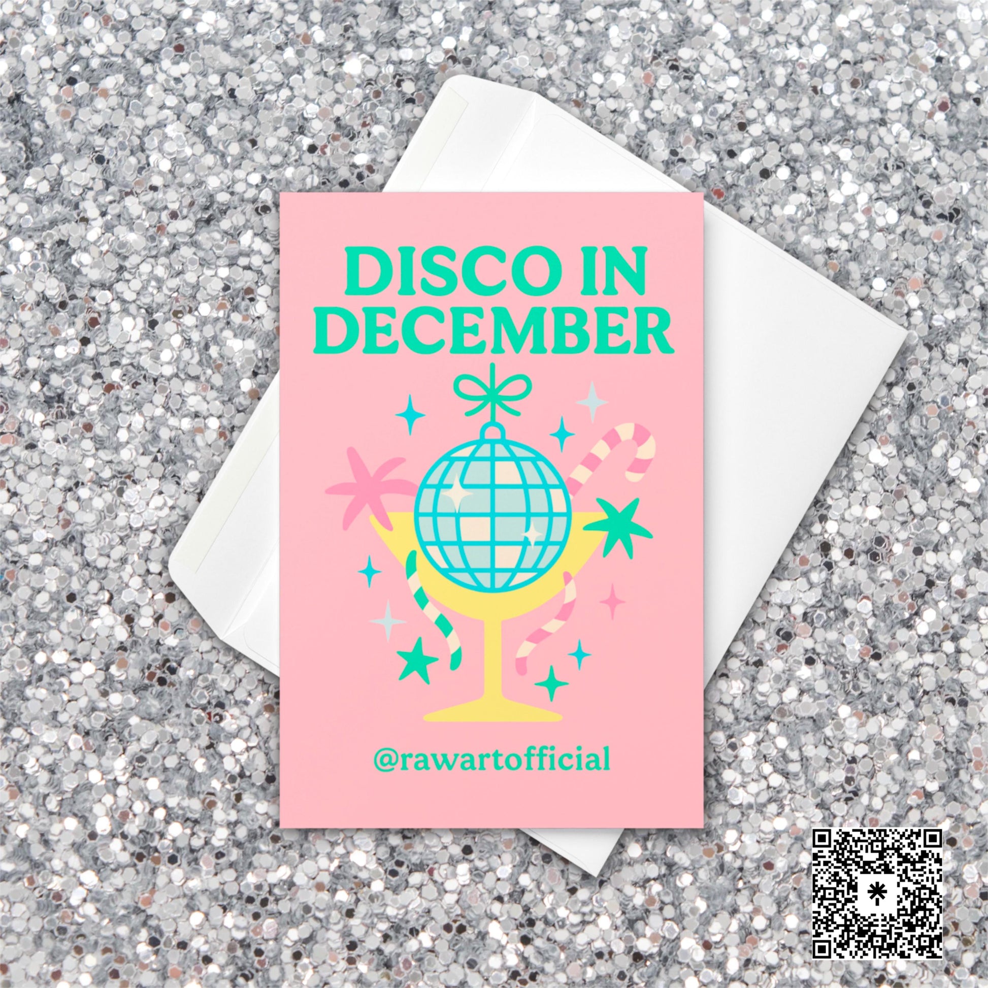 Retro pink holiday card with disco ball in a cocktail glass and candy canes – “Disco in December.”