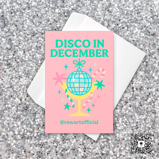 Retro pink holiday card with disco ball in a cocktail glass and candy canes – “Disco in December.”