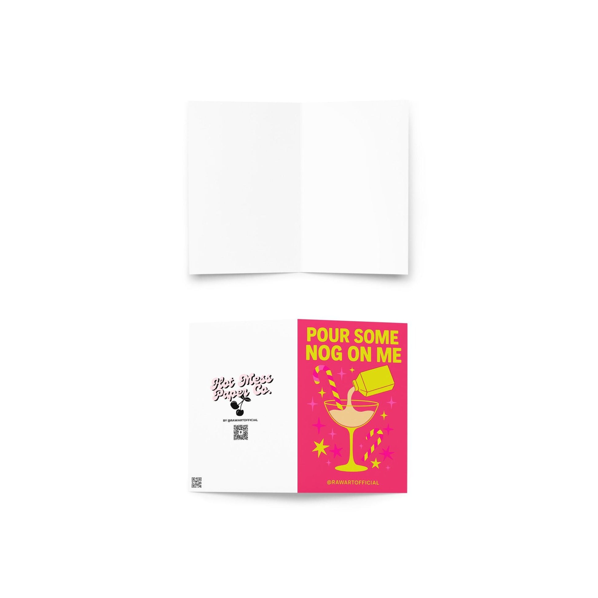 Retro hot pink Christmas card with eggnog cocktail and candy canes, text “Pour Some Nog on Me.”