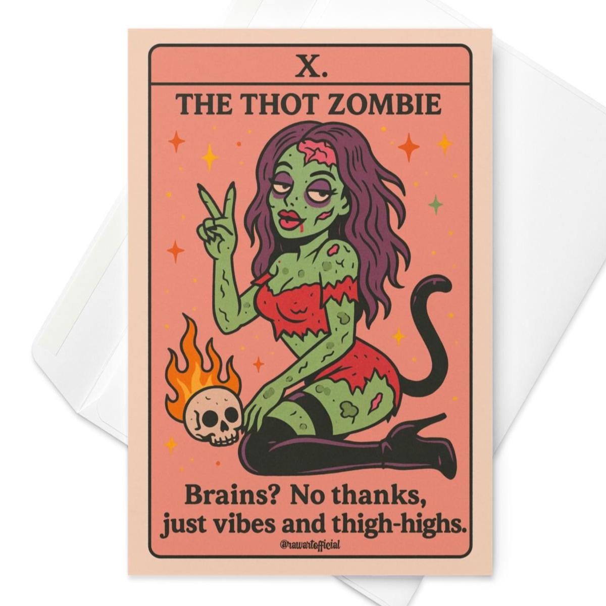 Illustrated green zombie pin-up with long hair and thigh-high boots, posing tarot card style with skull and flames, text “The Thot Zombie.”