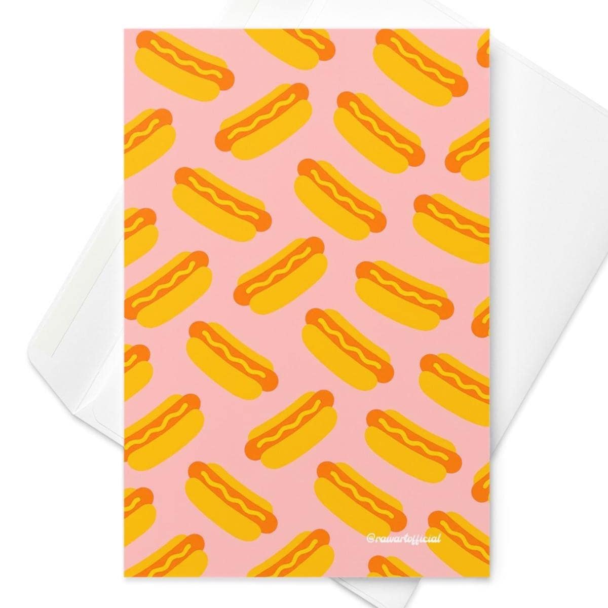 Retro hot dog pattern greeting card with playful pink background and bold orange-yellow hot dogs.