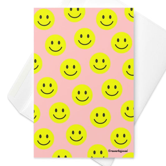 Retro pink greeting card with bold yellow smiley face pattern, playful and fun.