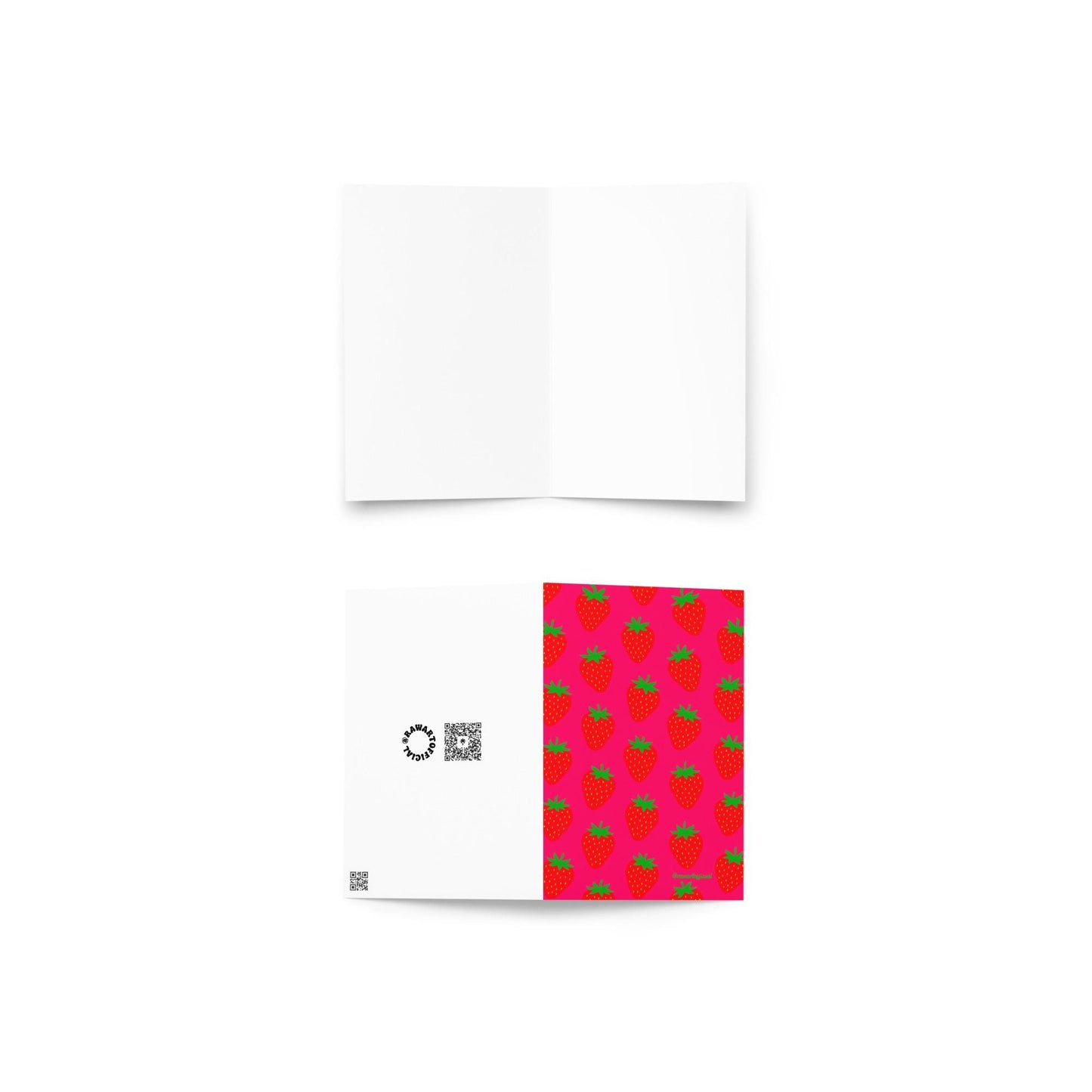 Retro strawberry greeting card with bold red strawberries on hot pink background, playful fruit stationery design.