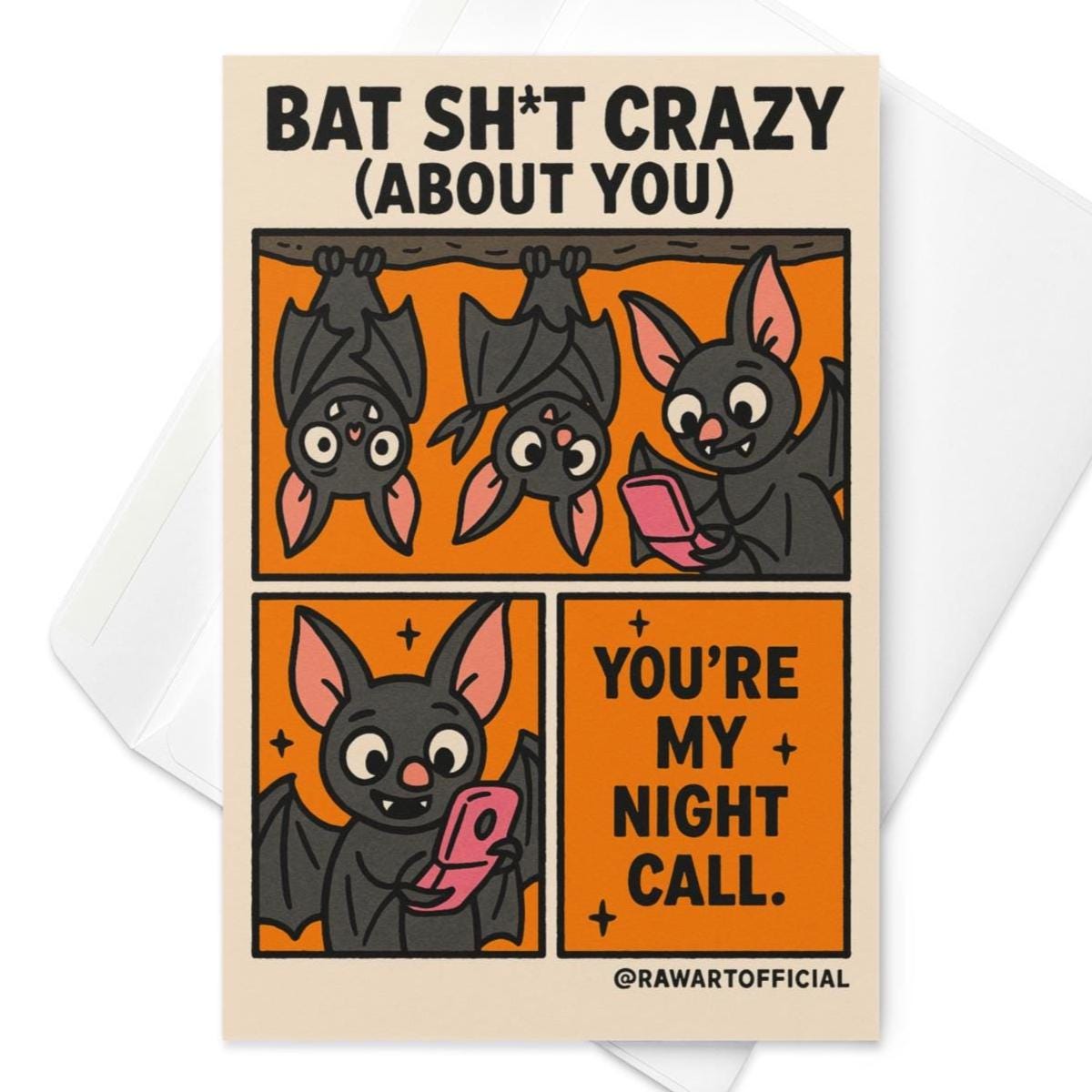 Retro bat love card with “Bat Sh*t Crazy About You” text, funny spooky Halloween design