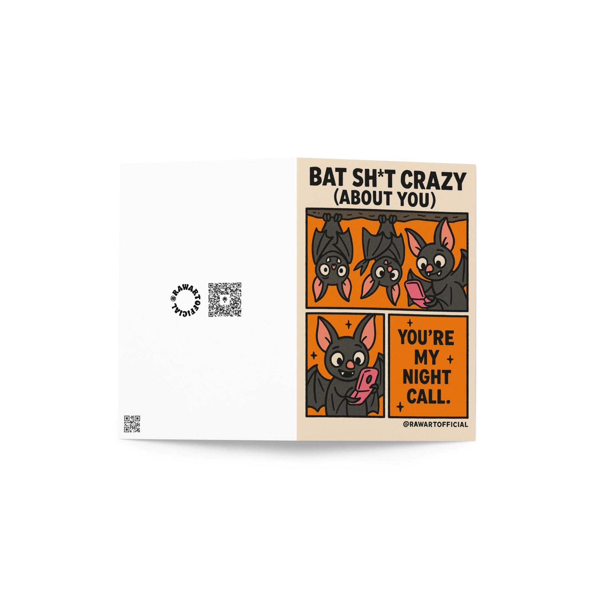 Retro bat love card with “Bat Sh*t Crazy About You” text, funny spooky Halloween design