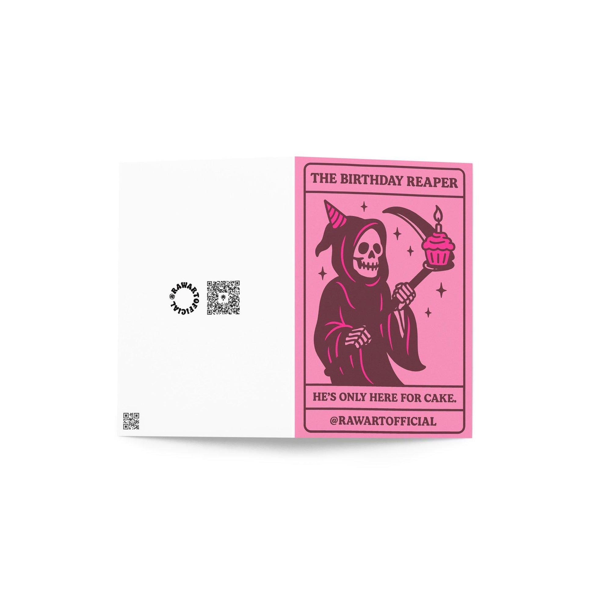 Pink gothic birthday card featuring the Grim Reaper holding a scythe with a cupcake, captioned “He’s only here for cake.”