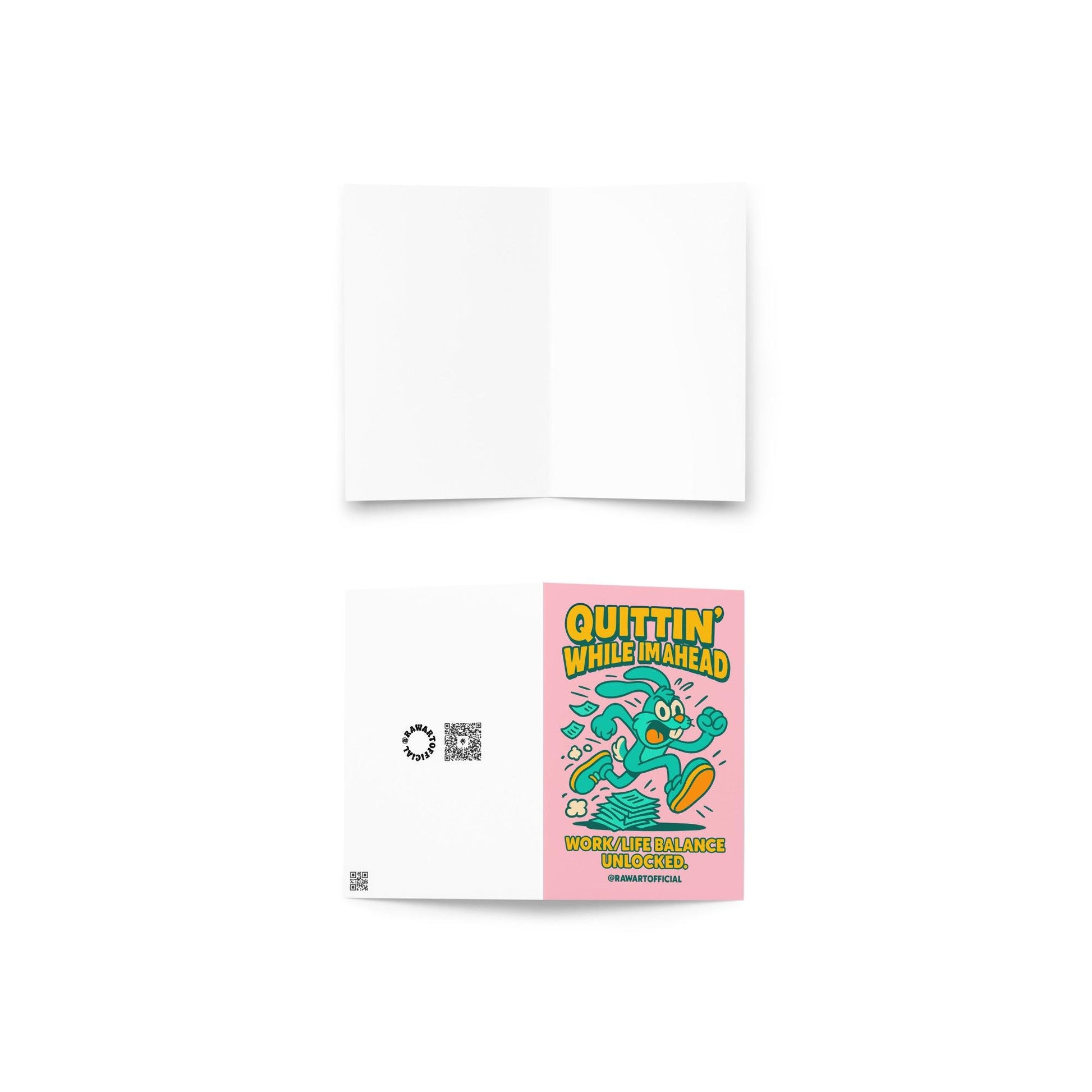 Retro cartoon rabbit running past papers with “Quittin’ While I’m Ahead” job quit card.