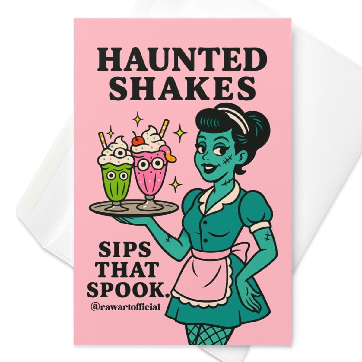 Retro Halloween greeting card of a zombie waitress serving haunted milkshakes with candy eyes and whipped cream, pink pastel background.