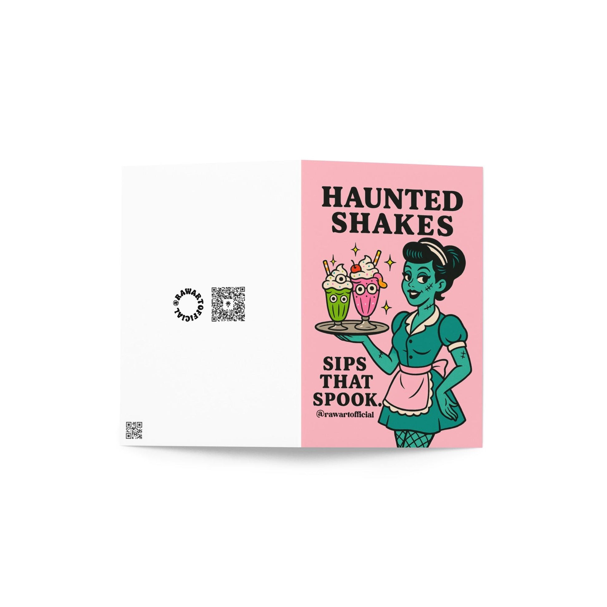 Retro Halloween greeting card of a zombie waitress serving haunted milkshakes with candy eyes and whipped cream, pink pastel background.
