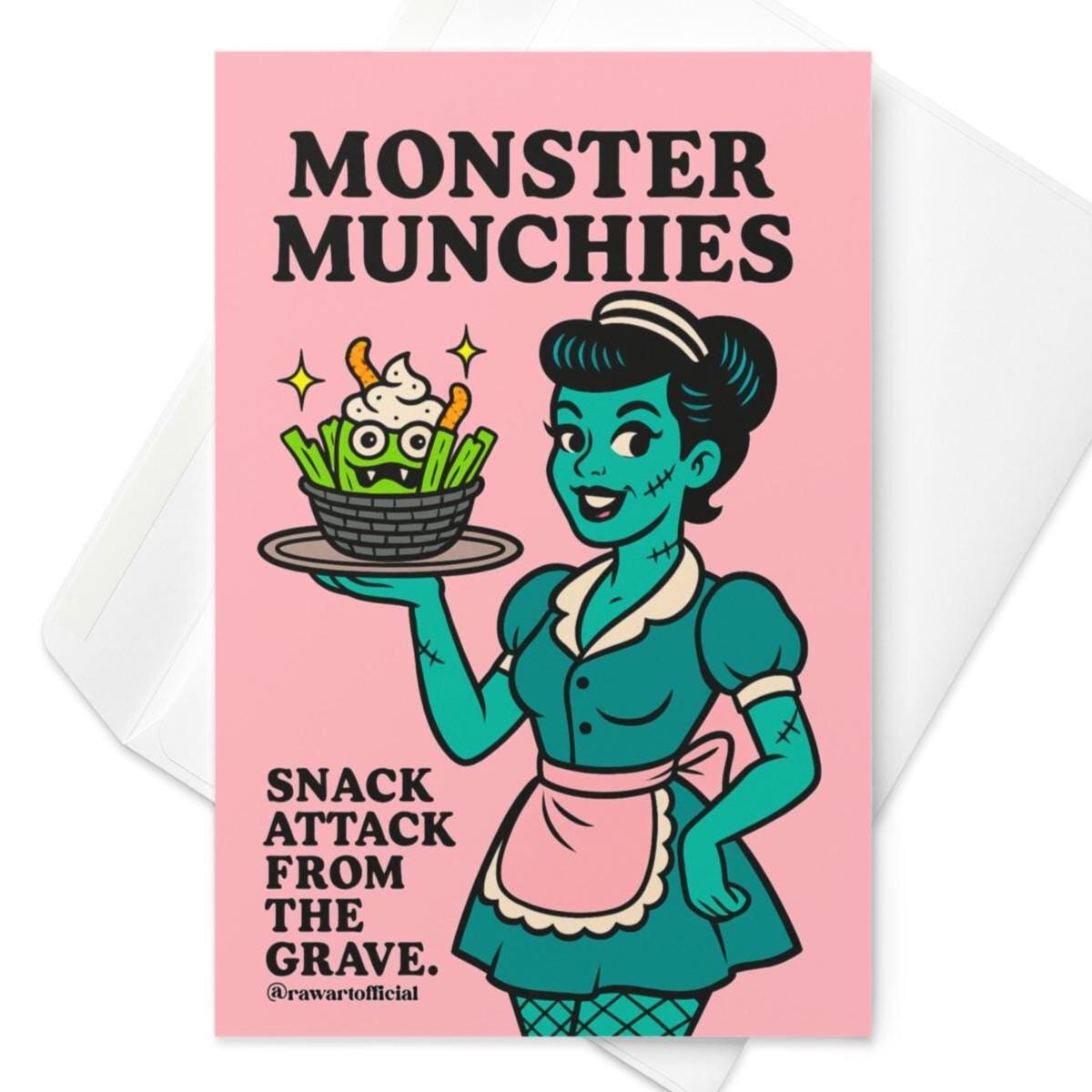 Retro zombie waitress holding monster fries basket, pink diner-style Halloween card.