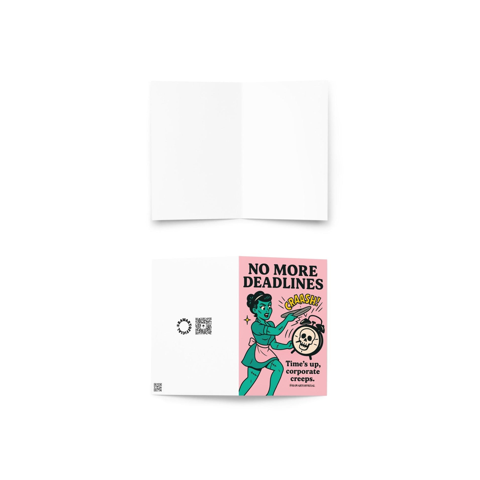 Retro Frankenstein waitress smashing alarm clock with tray, pink background, bold text “No More Deadlines.”