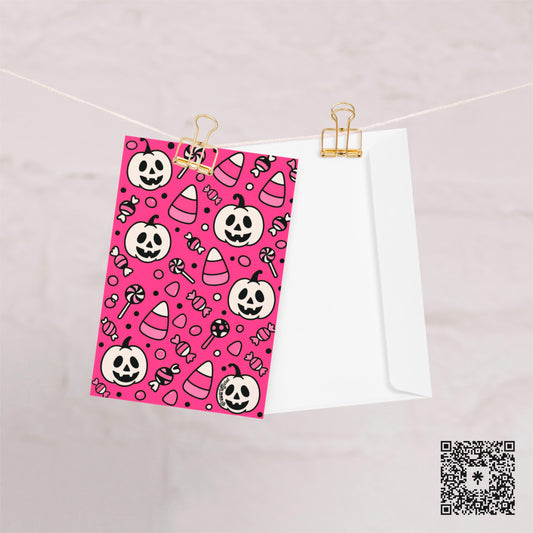 Retro Halloween Card: Pink Pumpkin & Candy Corn - Spooky Birthday Greeting