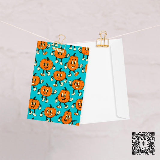Retro Pumpkin Halloween Card – Cute Spooky Vintage Cartoon Greeting Card, Creepy Cute Fall Stationery, Funny Pumpkin Pattern Card