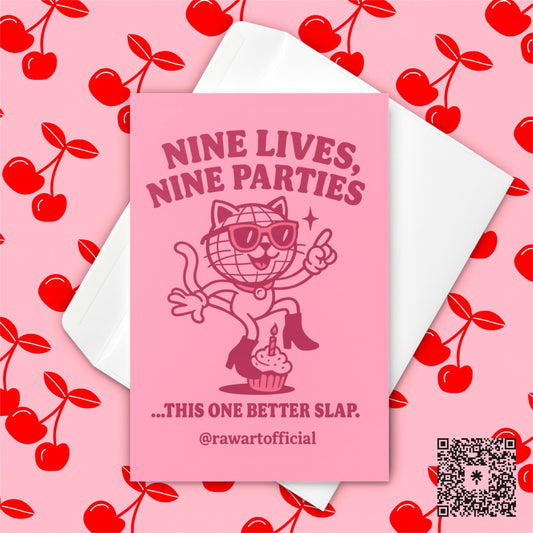 Funny Disco Cat Birthday Card - Retro Pink Party Design