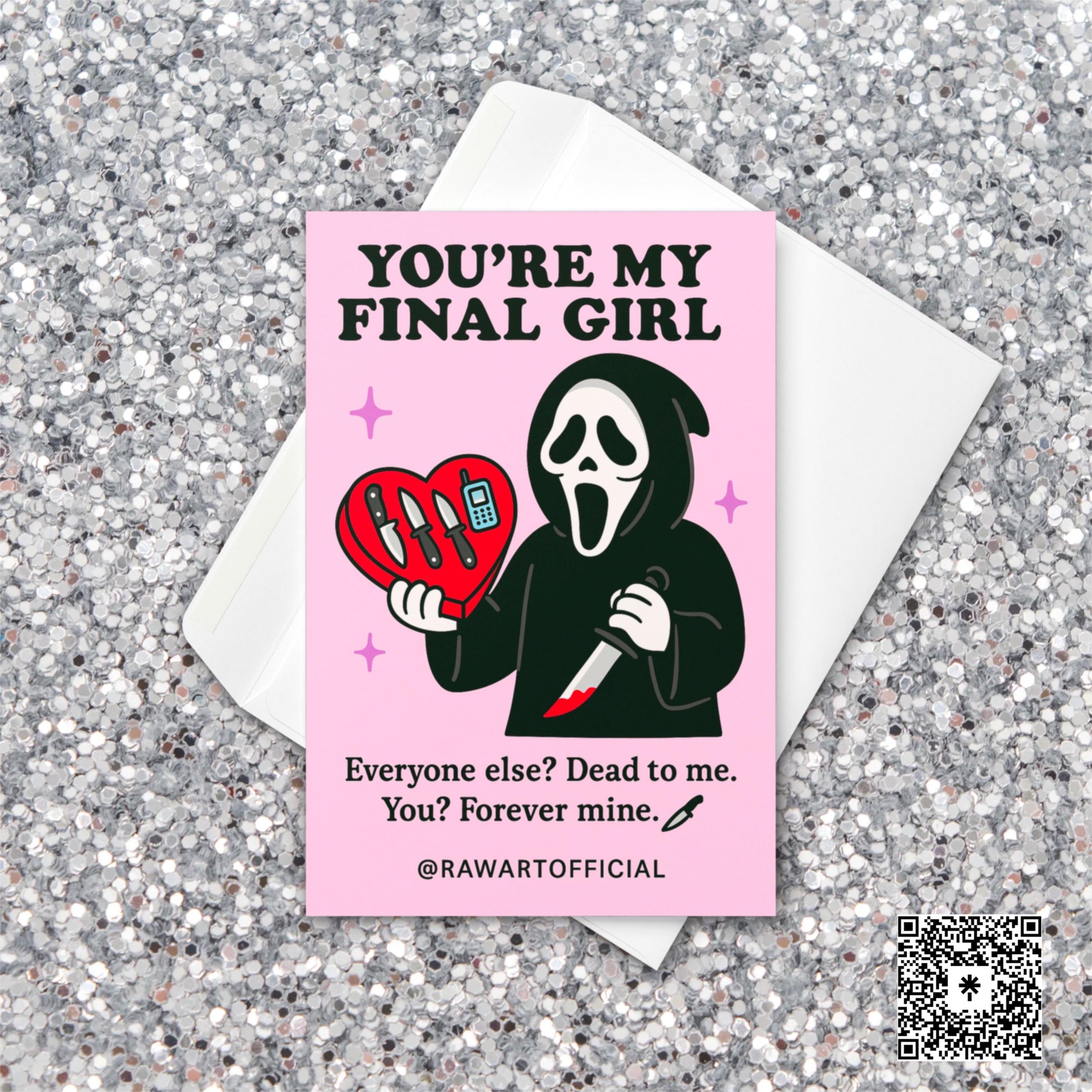 Ghostface holding a bloody knife and a heart-shaped box filled with knives and a phone, with text “You’re My Final Girl.”