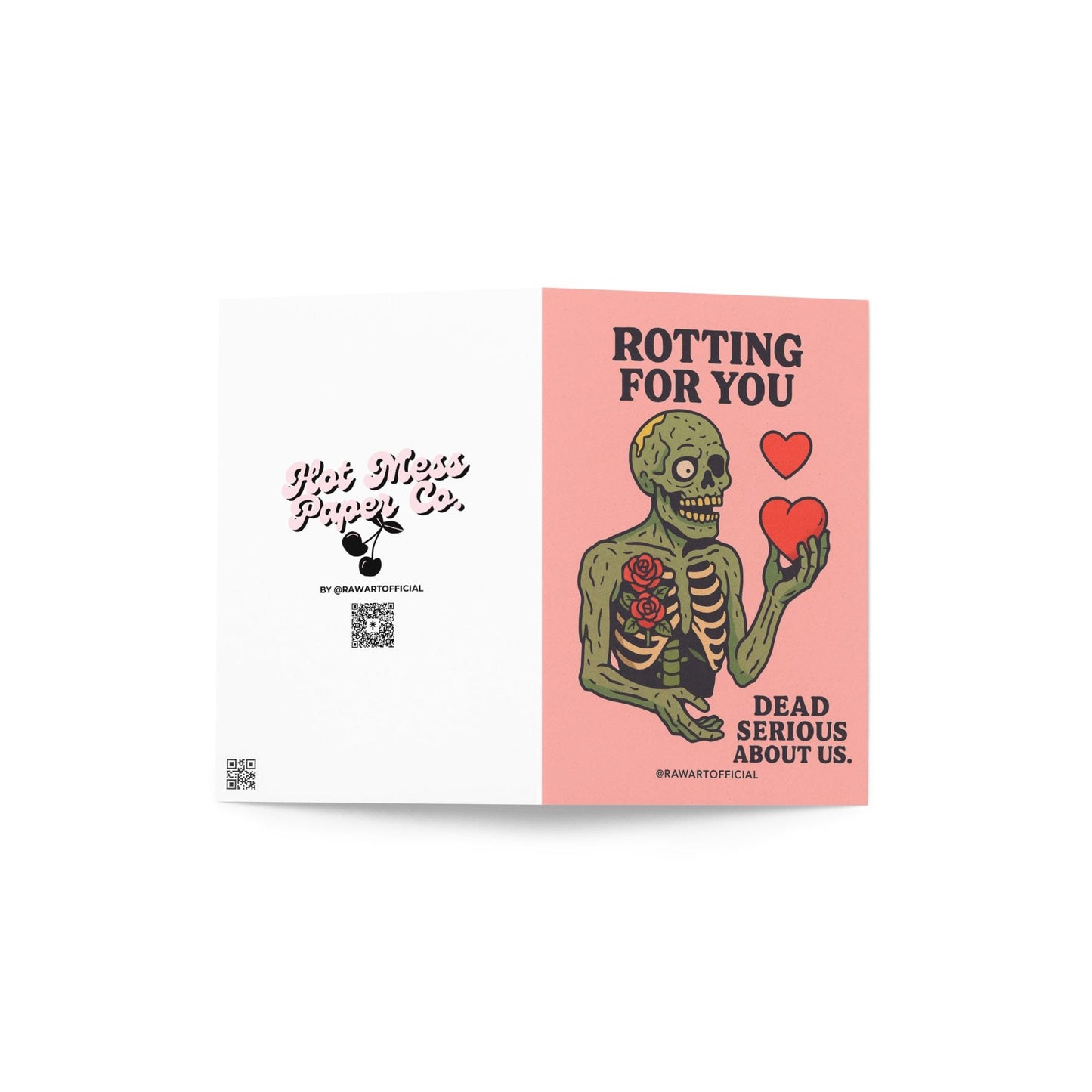Cartoon zombie with roses in its ribcage holding red hearts, text reads “Rotting For You – Dead Serious About Us.”
