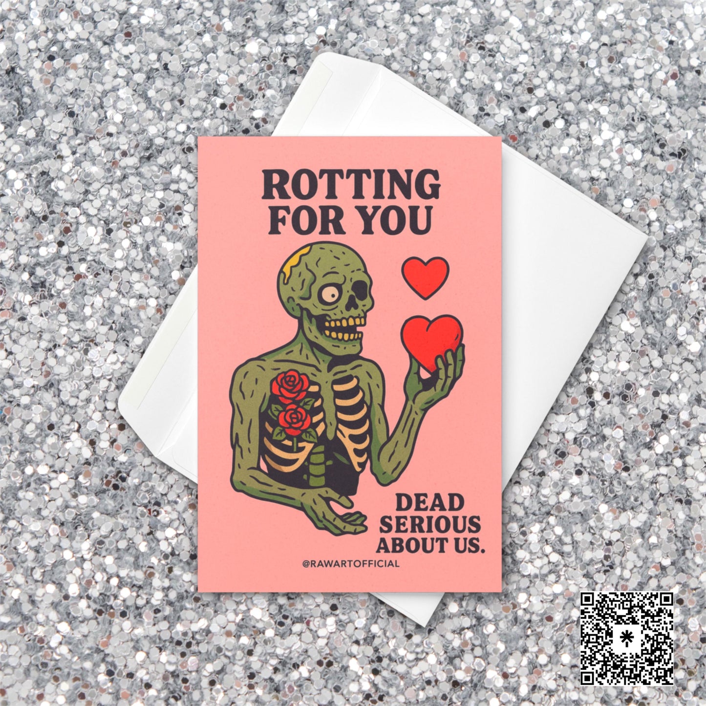 Cartoon zombie with roses in its ribcage holding red hearts, text reads “Rotting For You – Dead Serious About Us.”