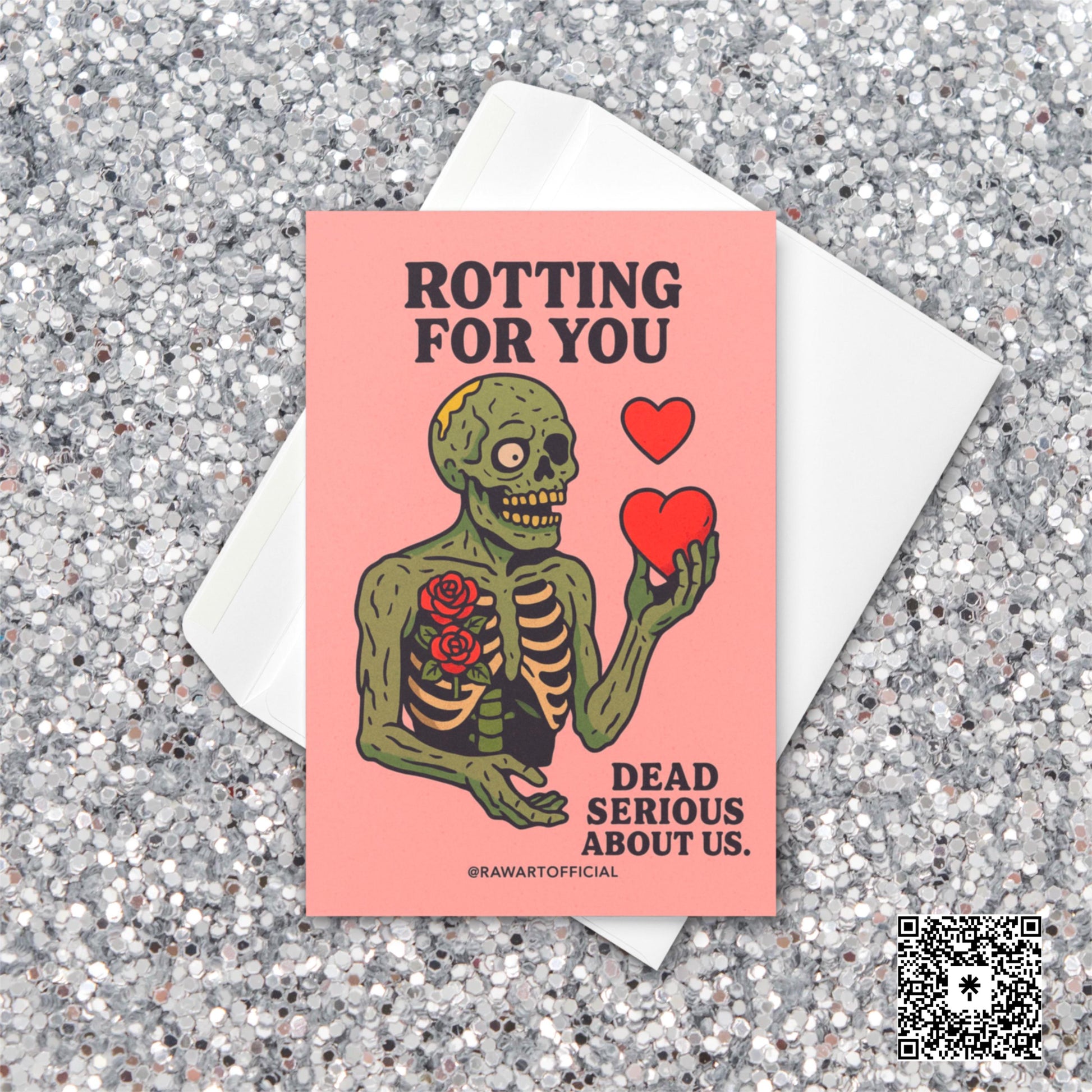 Cartoon zombie with roses in its ribcage holding red hearts, text reads “Rotting For You – Dead Serious About Us.”