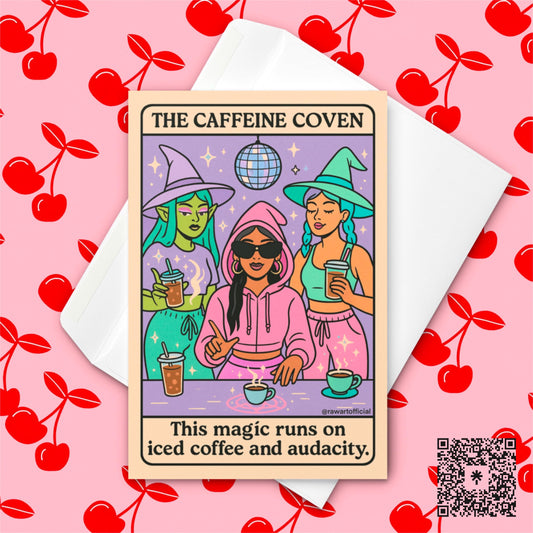 Witchy Iced Coffee Halloween Card: Caffeine Coven Tarot Art