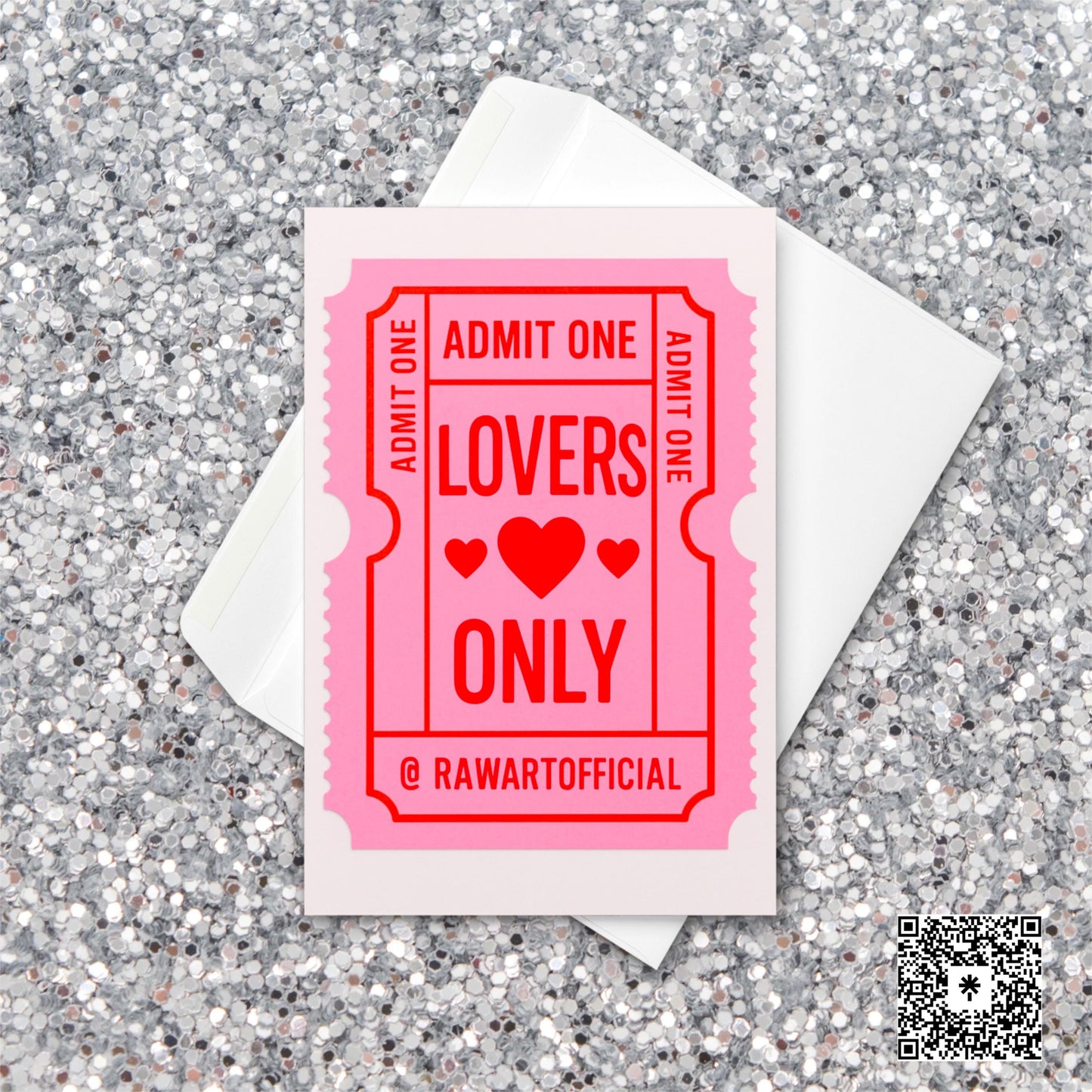 Pink and red retro admit one ticket greeting card with “Lovers Only” text and hearts, playful Y2K Valentine’s design.