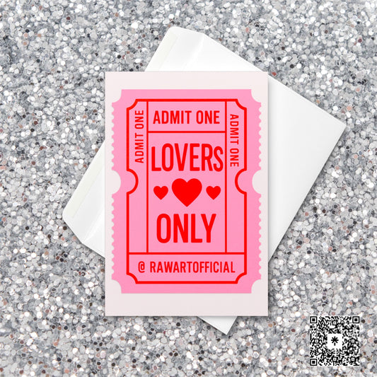 Pink and red retro admit one ticket greeting card with “Lovers Only” text and hearts, playful Y2K Valentine’s design.