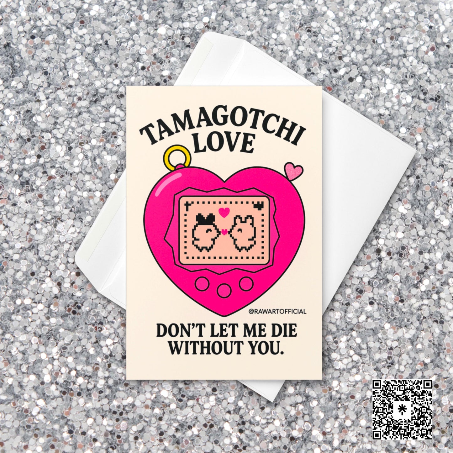 Pink heart-shaped Tamagotchi with two pixel pets kissing on screen, retro Y2K Valentine’s greeting card with bold text &quot;Tamagotchi Love.&quot;