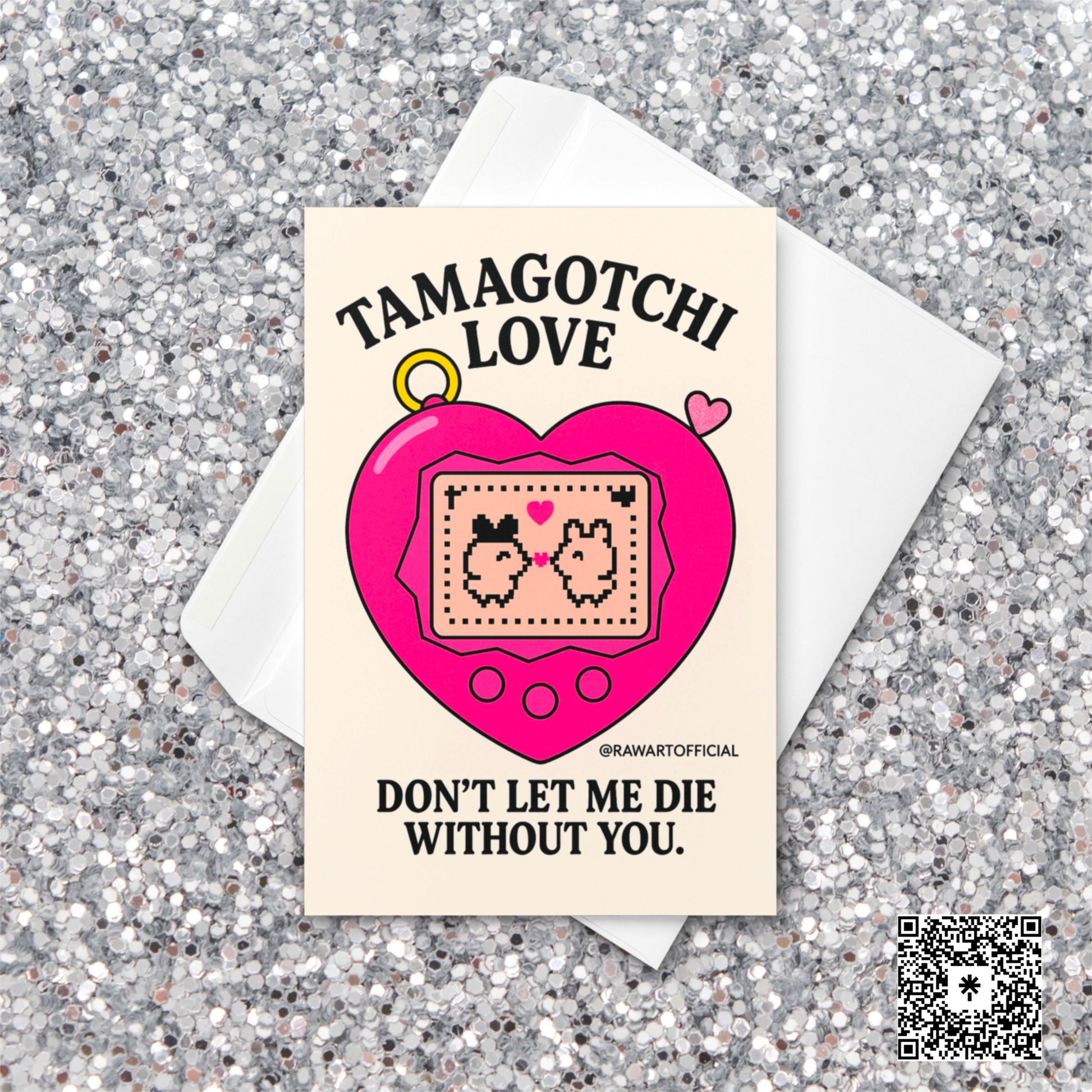 Pink heart-shaped Tamagotchi with two pixel pets kissing on screen, retro Y2K Valentine’s greeting card with bold text &quot;Tamagotchi Love.&quot;