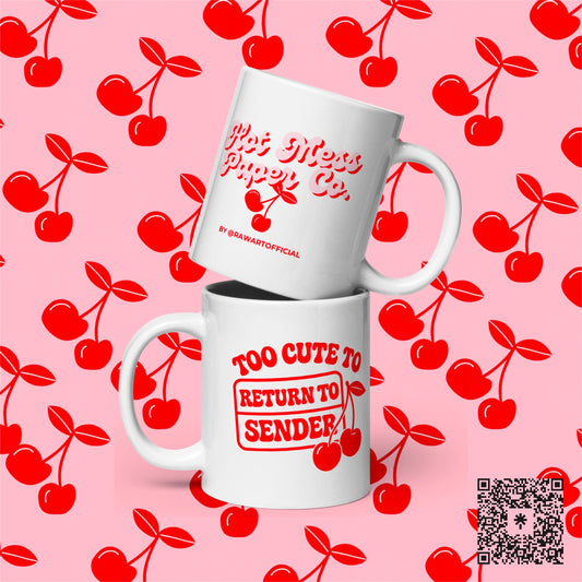Stacked mugs showing both cherry designs, playful retro aesthetic