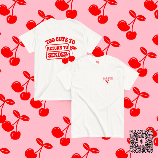 White tee with red cherry print and Hot Mess Paper Co logo, retro graphic shirt.