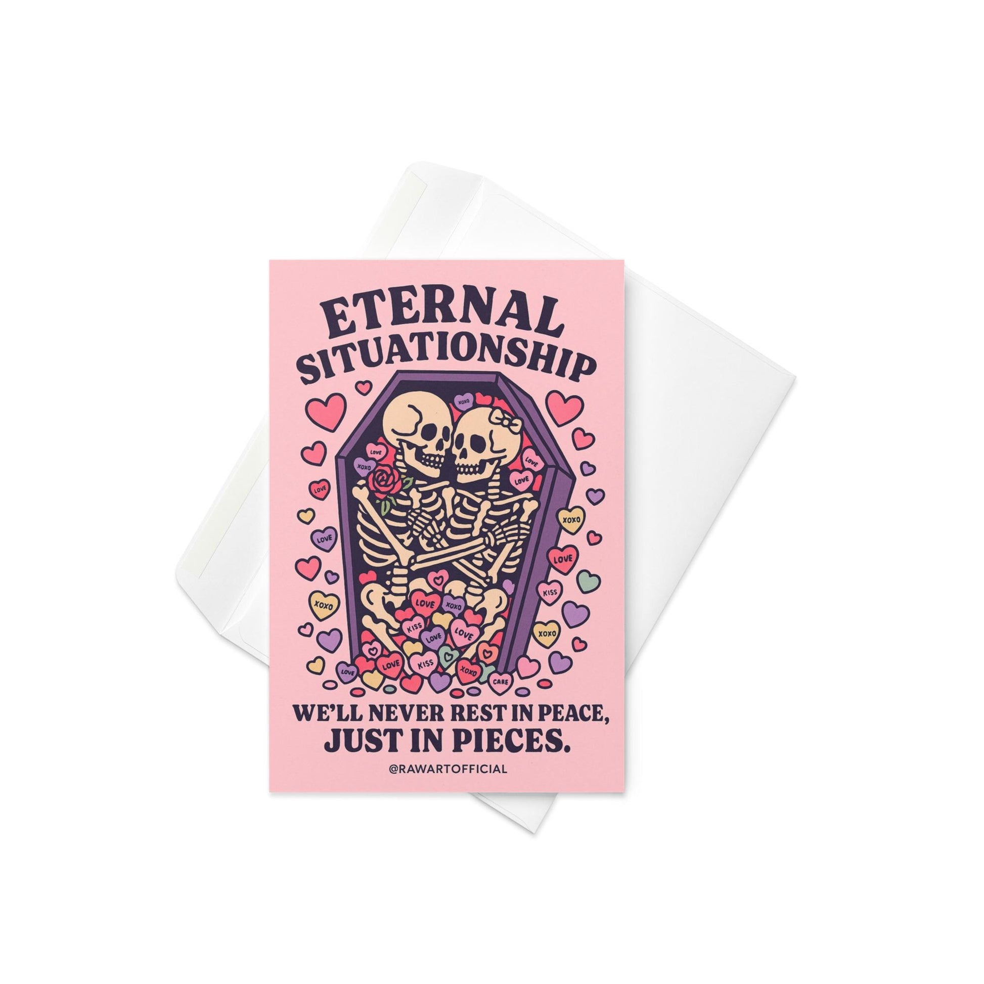 Eternal Situationship greeting card featuring two skeletons cuddling in a pink coffin surrounded by pastel candy hearts with gothic love text.
