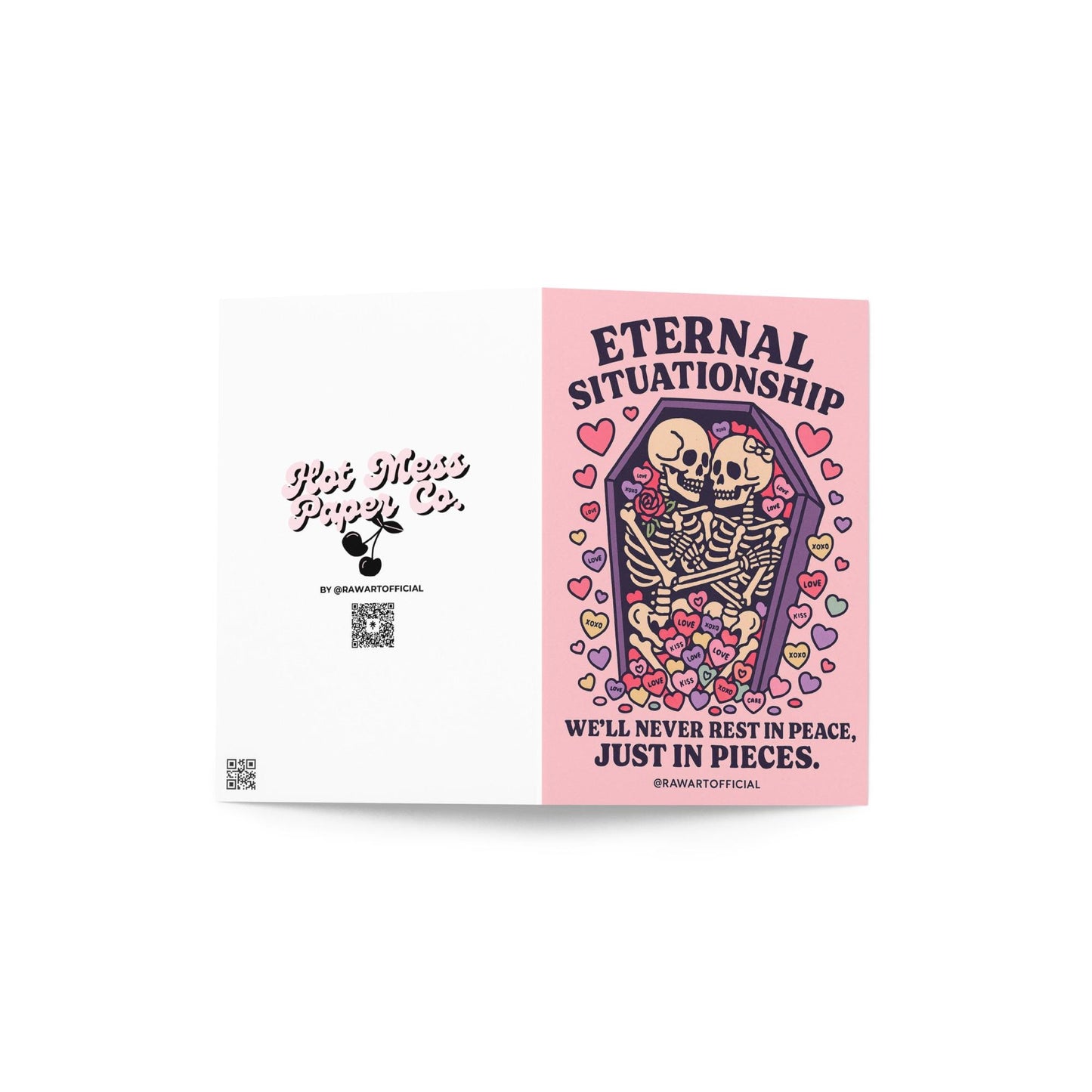 Eternal Situationship greeting card featuring two skeletons cuddling in a pink coffin surrounded by pastel candy hearts with gothic love text.