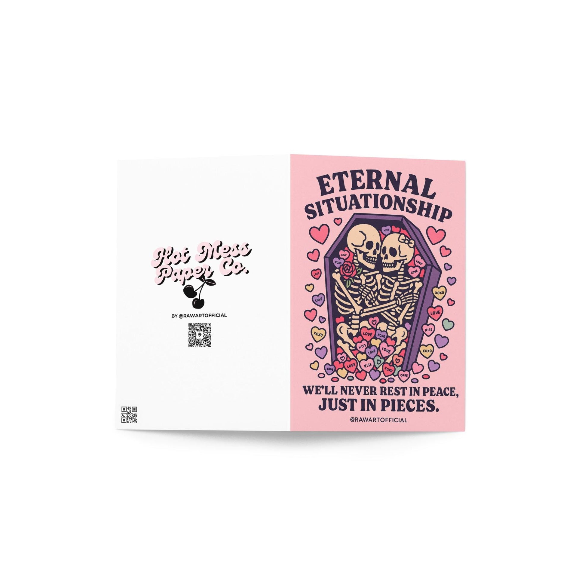Eternal Situationship greeting card featuring two skeletons cuddling in a pink coffin surrounded by pastel candy hearts with gothic love text.