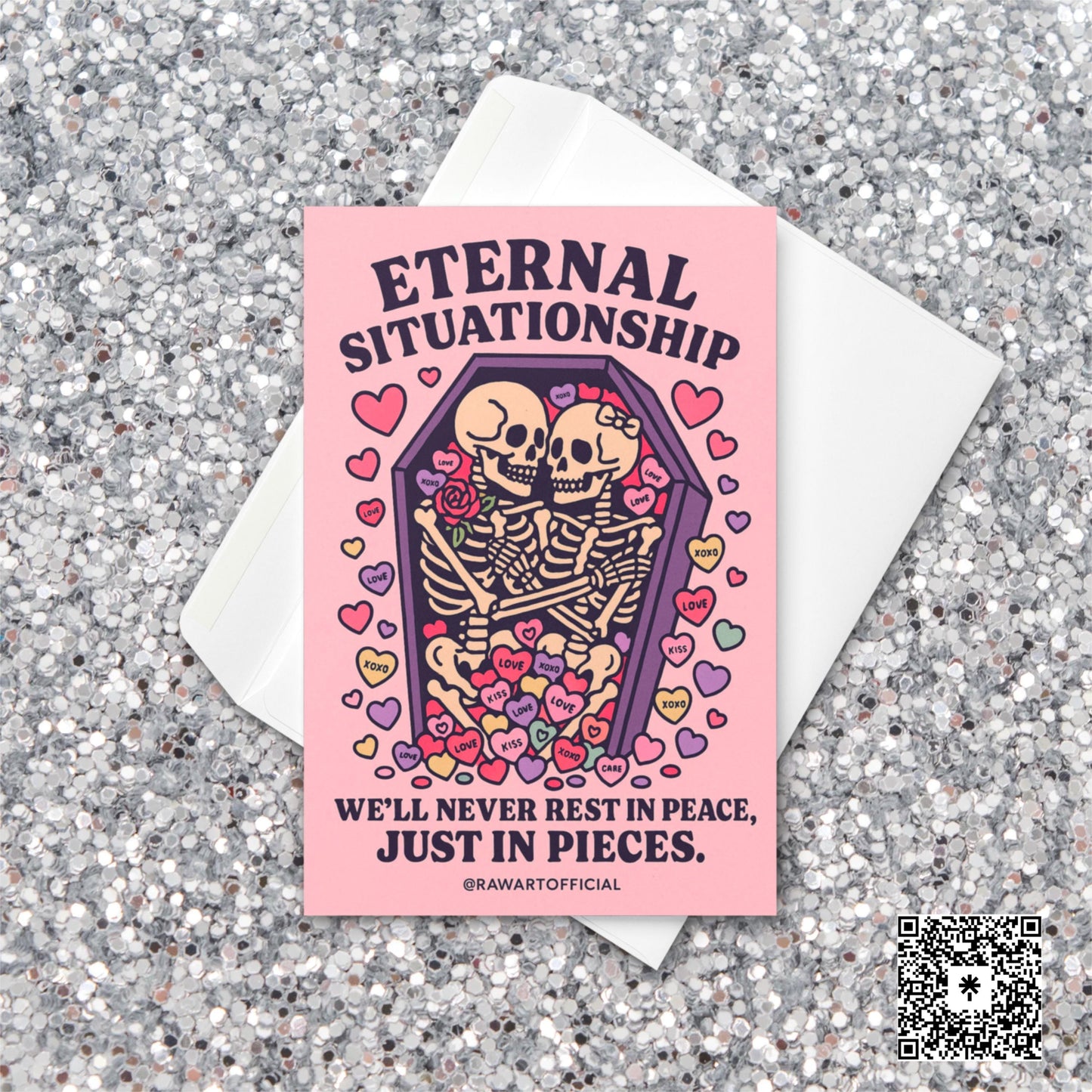 Eternal Situationship greeting card featuring two skeletons cuddling in a pink coffin surrounded by pastel candy hearts with gothic love text.