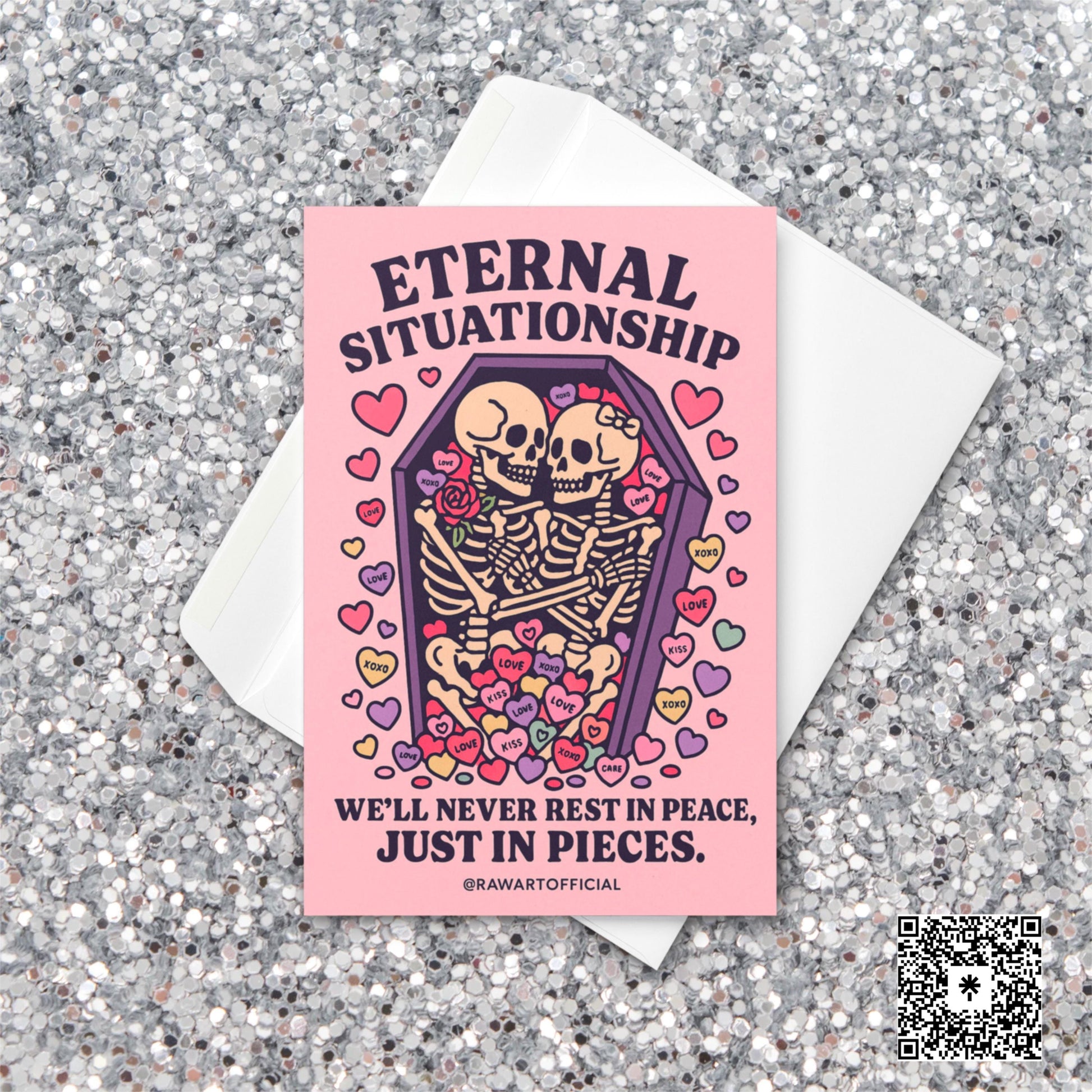 Eternal Situationship greeting card featuring two skeletons cuddling in a pink coffin surrounded by pastel candy hearts with gothic love text.