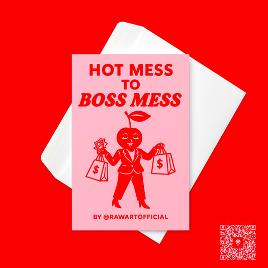 Retro pink greeting card with bold red cherry design and text “Hot Mess to Boss Mess,” funny promotion and new job celebration card.
