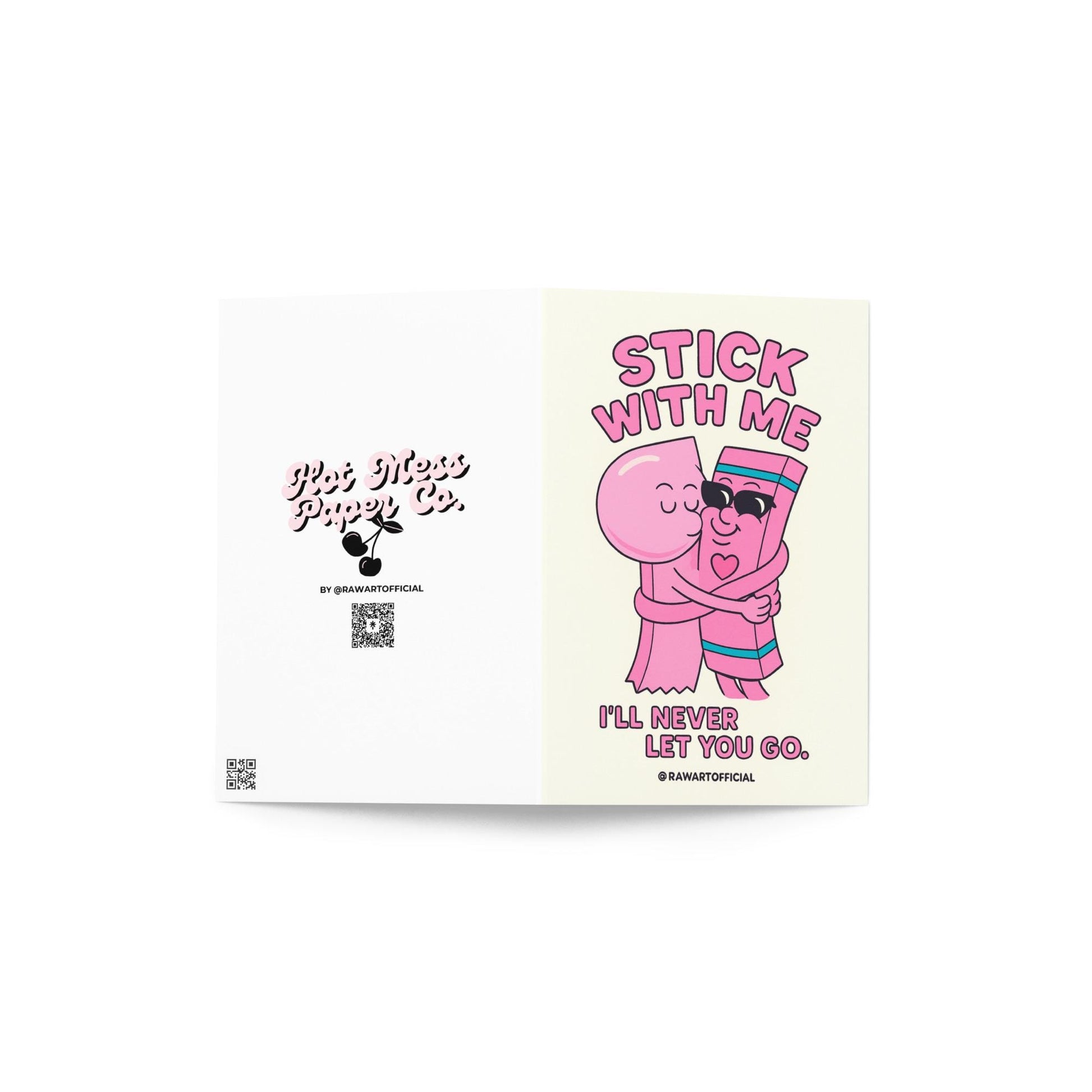 Greeting card with a cartoon pink gum hugging a candy stick in sunglasses, text reads “Stick With Me — I’ll Never Let You Go.”