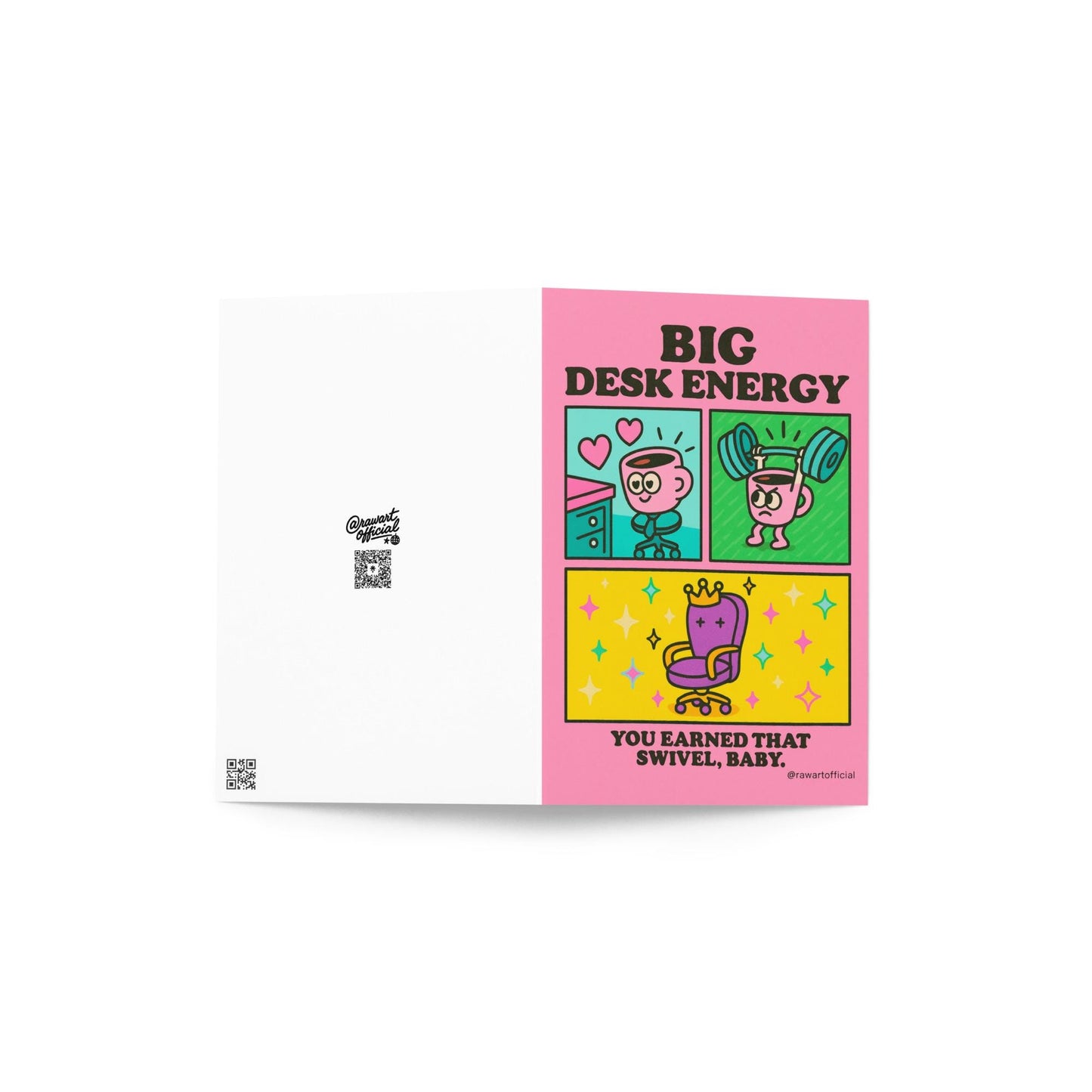 Retro cartoon coffee mug lifting weights and loving a pink desk beside a crown swivel chair — “Big Desk Energy” card by @rawartofficial.