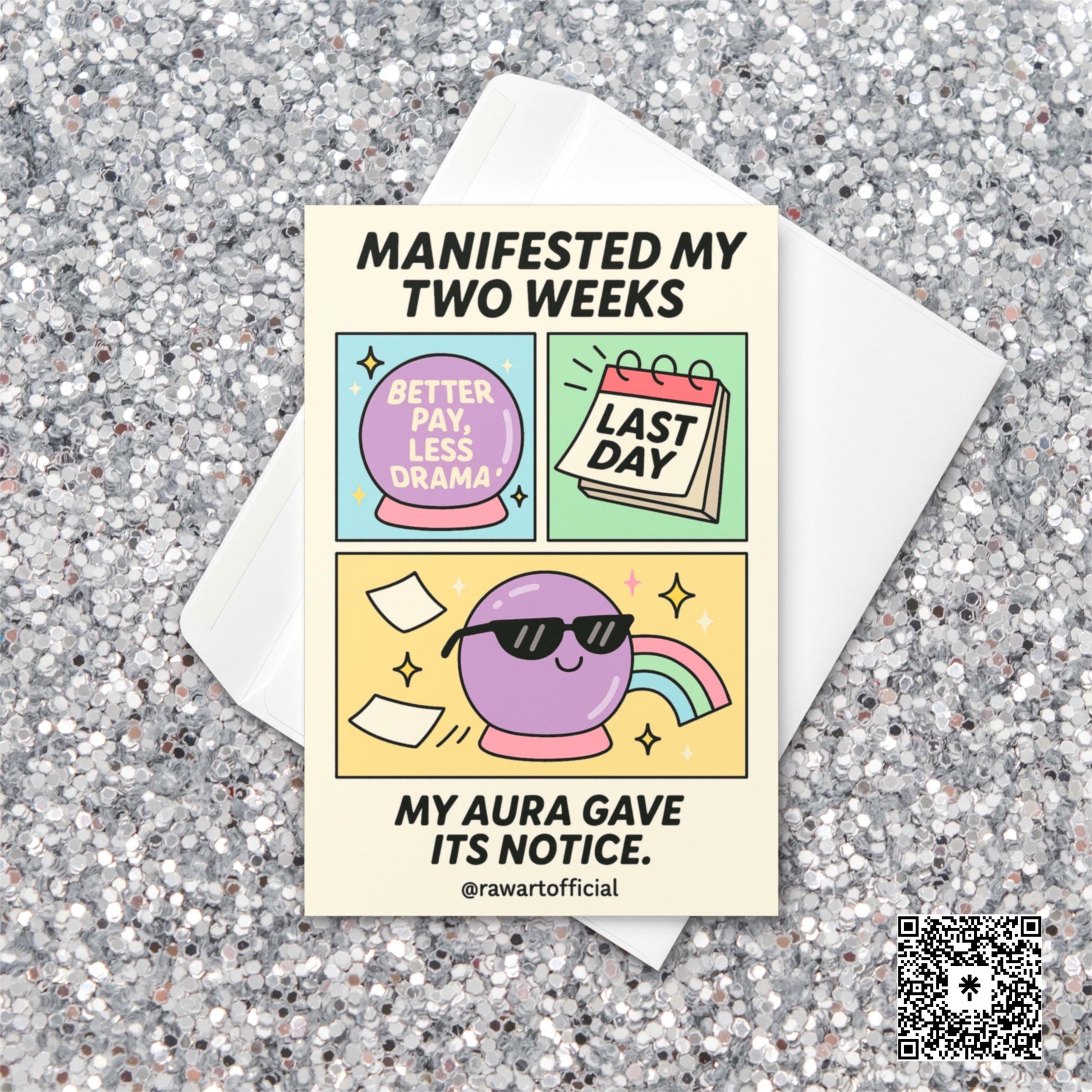 Funny “Manifested My Two Weeks” card with pastel crystal ball and rainbow, perfect for quitting coworkers and spiritual girlies.