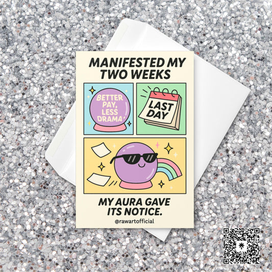 Funny “Manifested My Two Weeks” card with pastel crystal ball and rainbow, perfect for quitting coworkers and spiritual girlies.