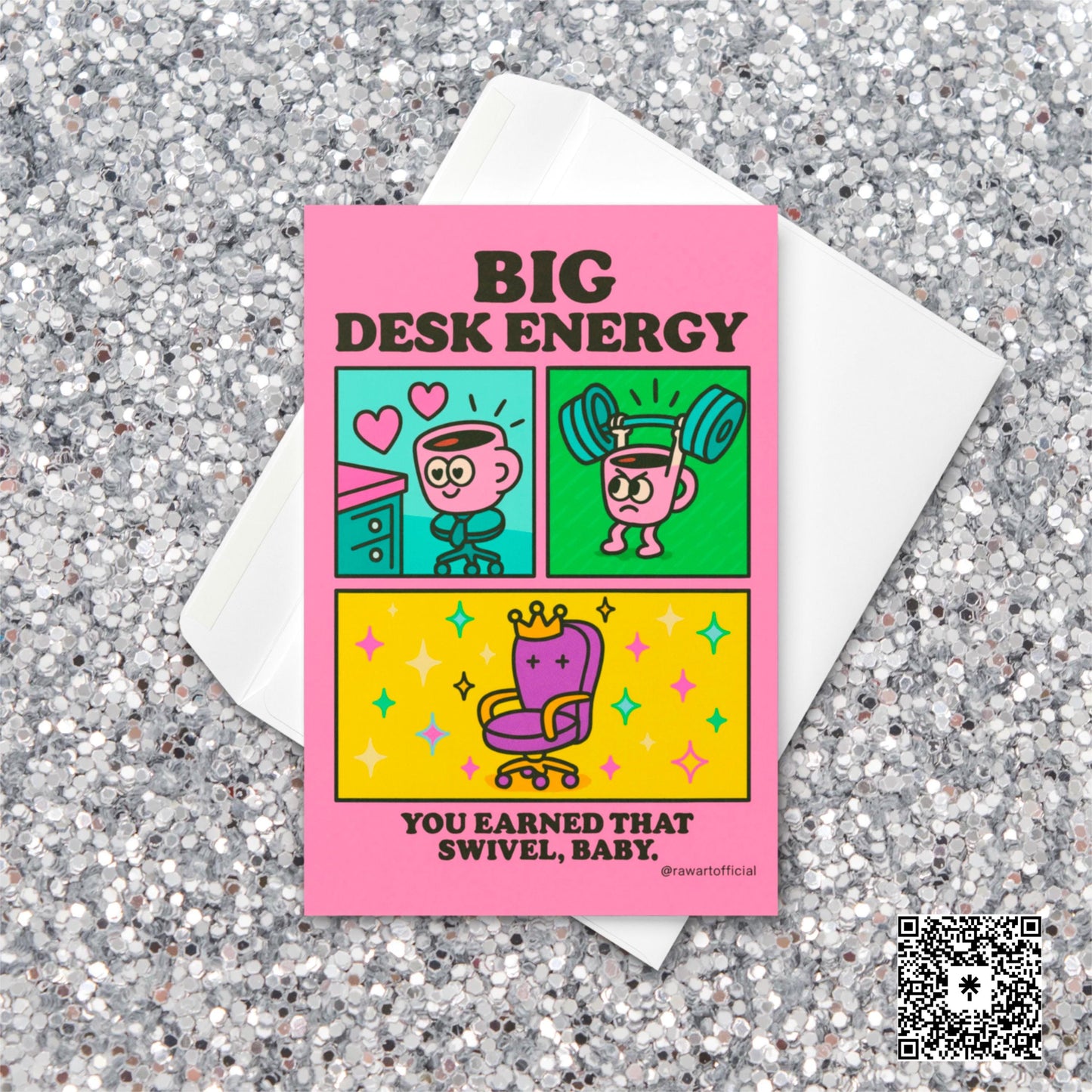 Retro cartoon coffee mug lifting weights and loving a pink desk beside a crown swivel chair — “Big Desk Energy” card by @rawartofficial.