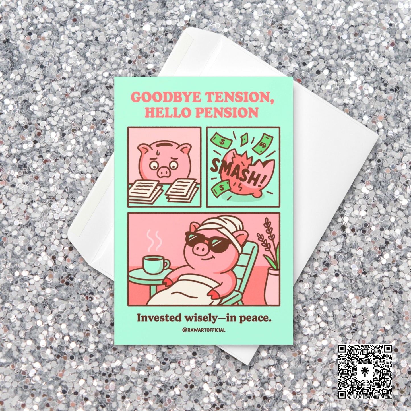 Funny pink pig cartoon breaking its piggy bank, relaxing on a spa chair with coffee—captioned “Goodbye Tension, Hello Pension.”