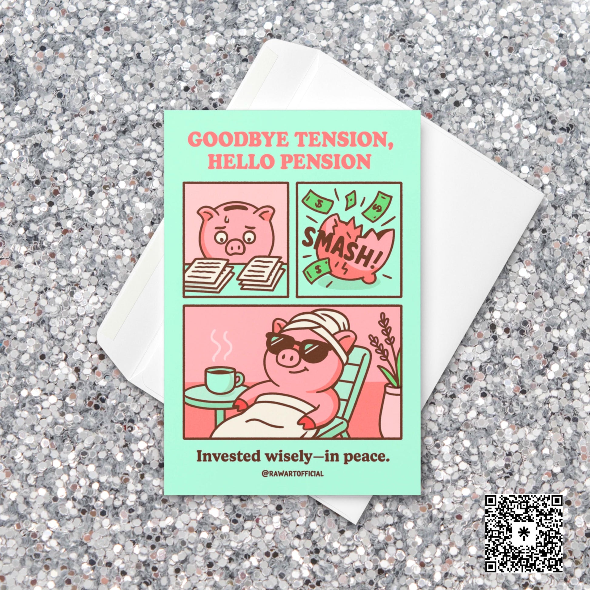 Funny pink pig cartoon breaking its piggy bank, relaxing on a spa chair with coffee—captioned “Goodbye Tension, Hello Pension.”