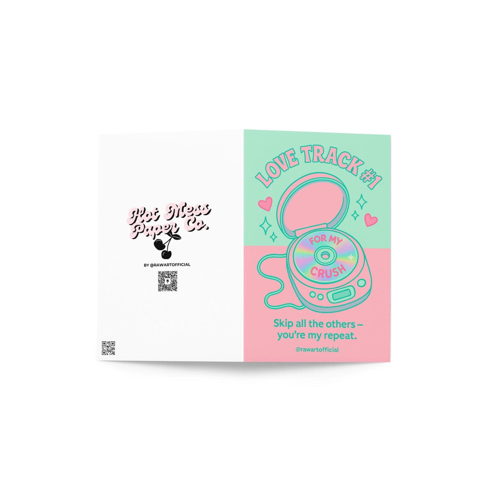 Retro Valentine card with a pastel pink CD player and disc reading “For My Crush,” captioned “Love Track #1 – Skip all the others, you’re my repeat.”