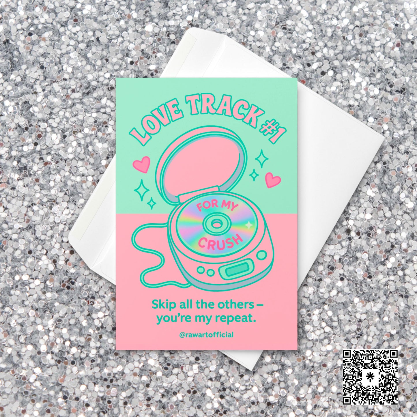 Retro Valentine card with a pastel pink CD player and disc reading “For My Crush,” captioned “Love Track #1 – Skip all the others, you’re my repeat.”
