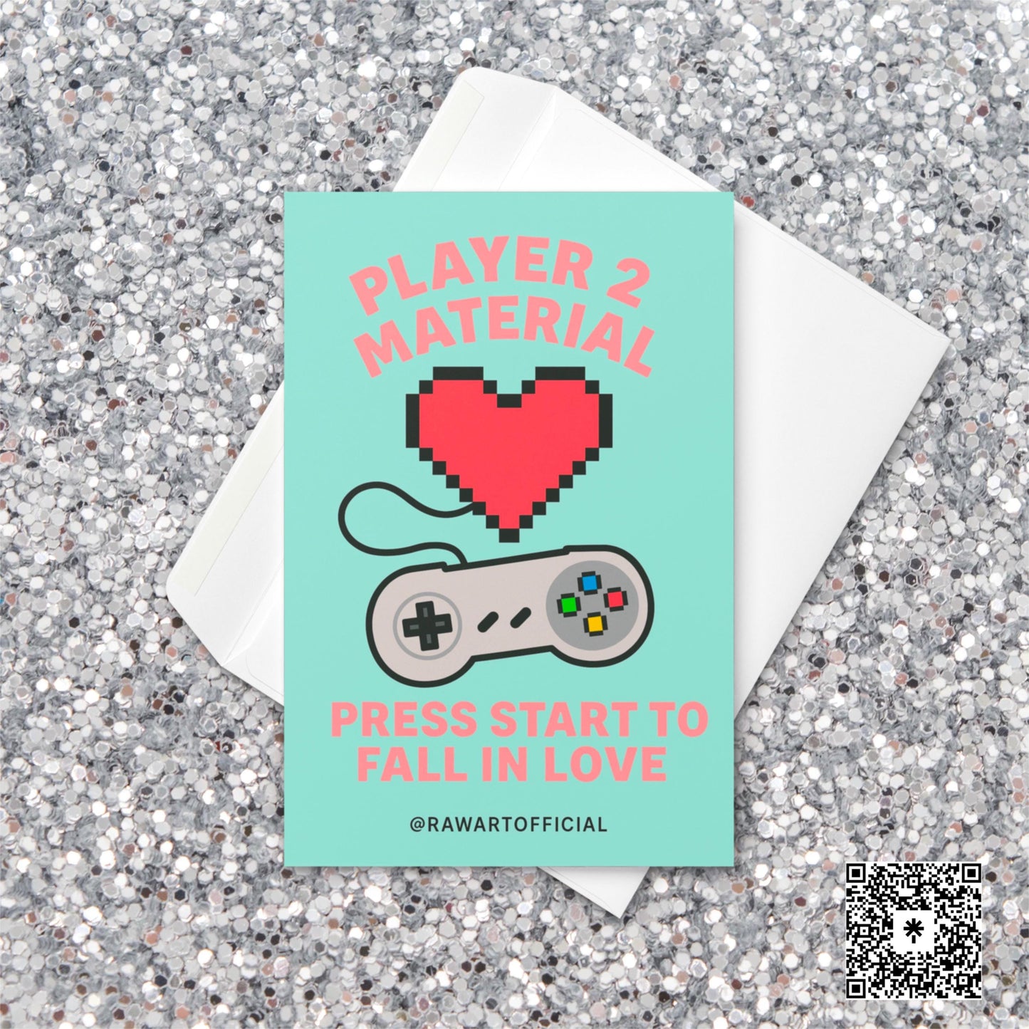 Funny retro Valentine card with a pixelated red heart and game controller reading “Player 2 Material – Press Start to Fall in Love.”
