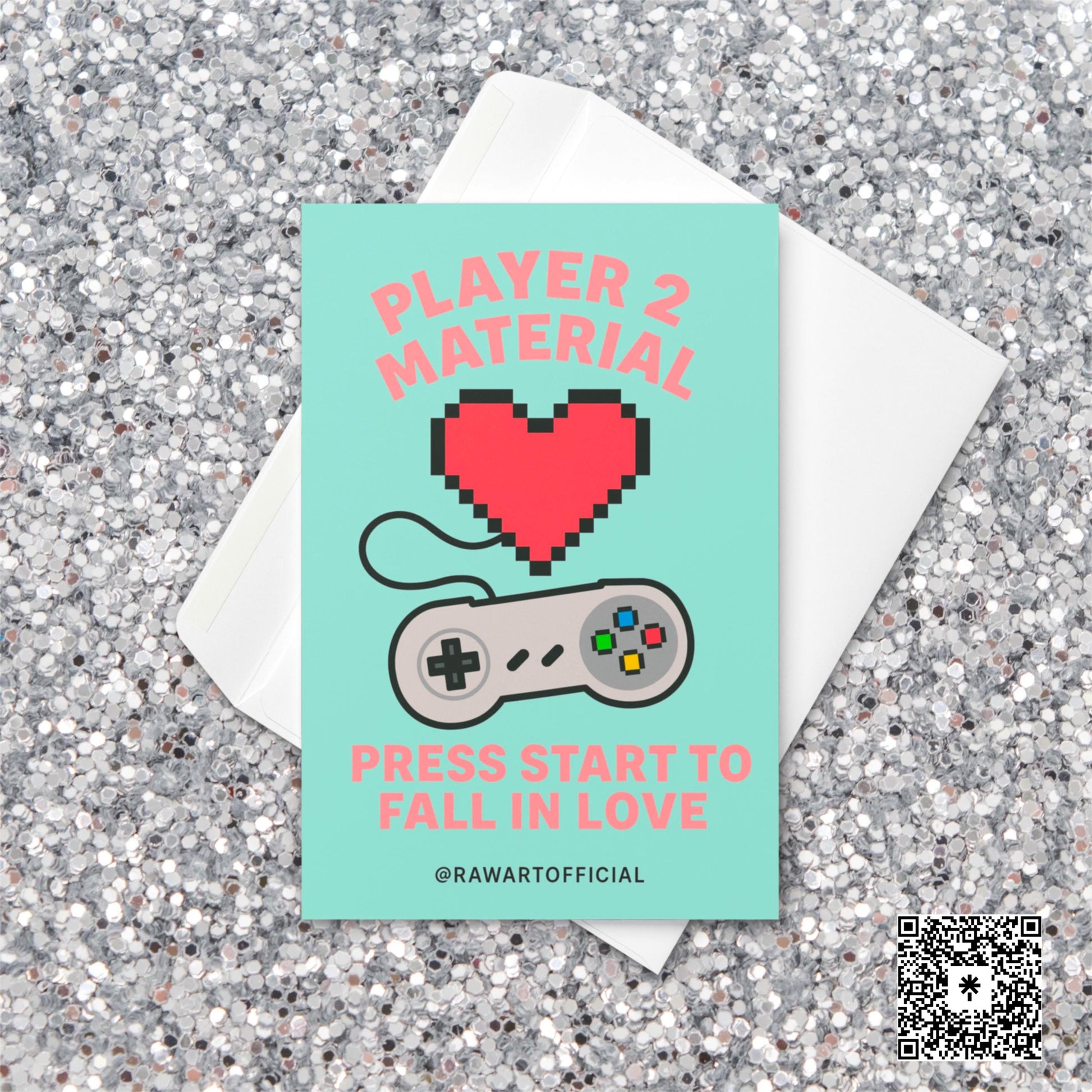 Funny retro Valentine card with a pixelated red heart and game controller reading “Player 2 Material – Press Start to Fall in Love.”
