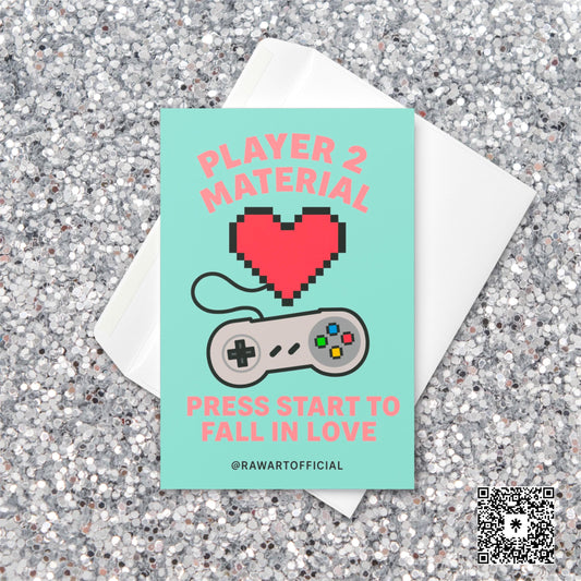 Funny retro Valentine card with a pixelated red heart and game controller reading “Player 2 Material – Press Start to Fall in Love.”