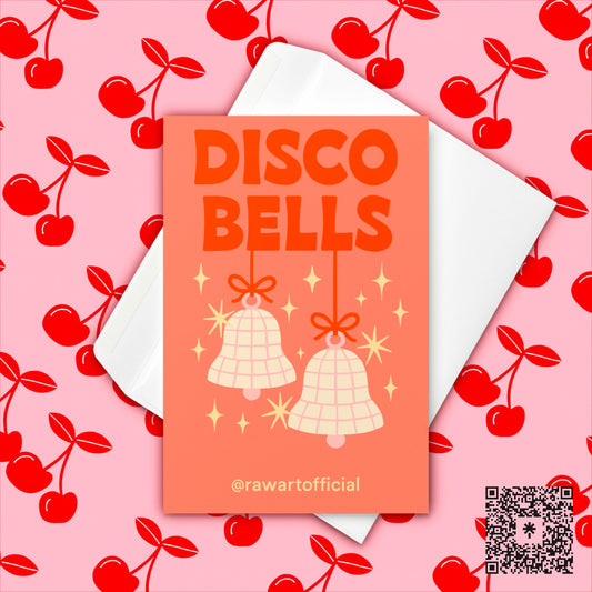 Retro “Disco Bells” Christmas card with sparkly disco ball bells, pink background, festive holiday pun by Hot Mess Paper Co.