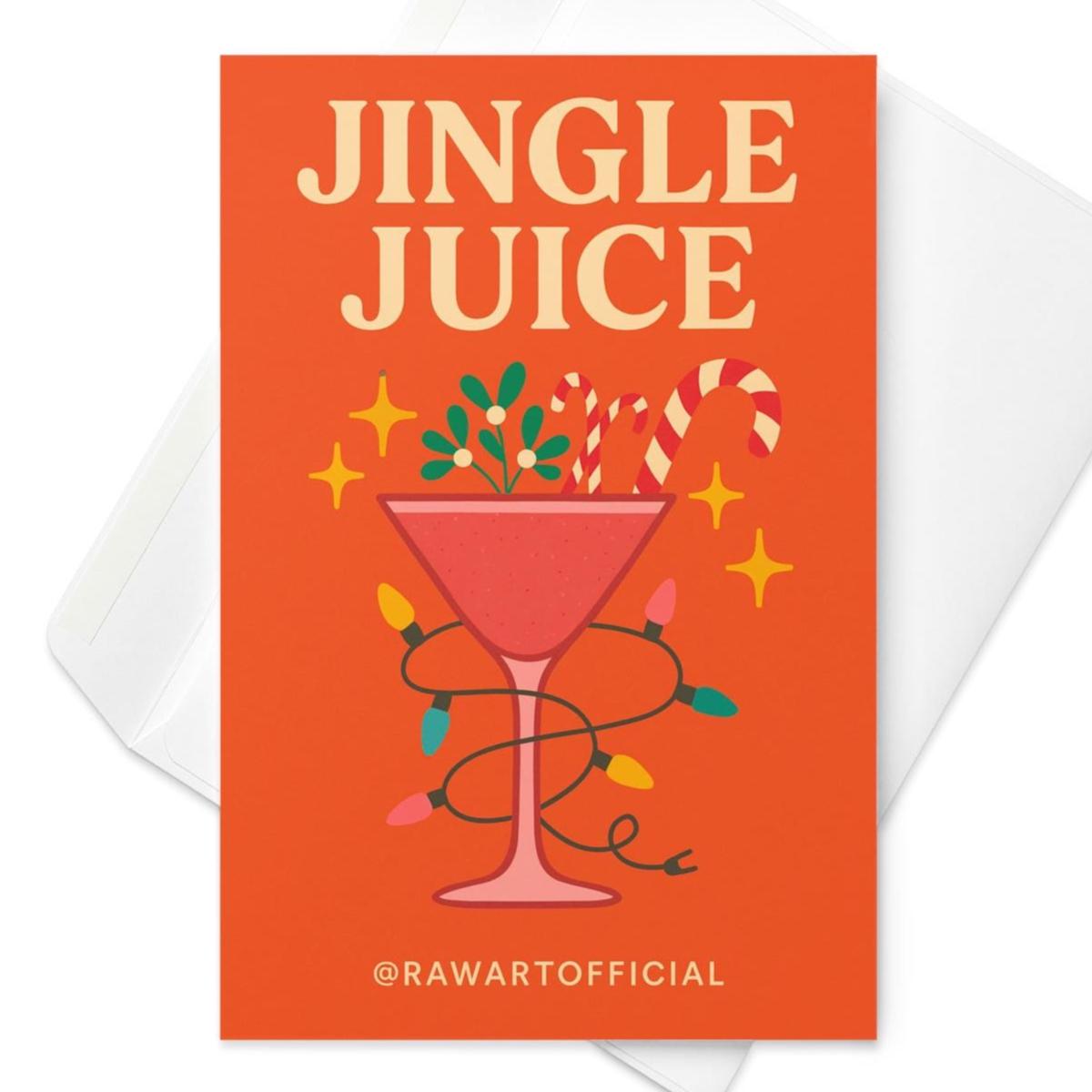 Retro Christmas card with a pink cocktail glass wrapped in lights, candy canes, and mistletoe, text reads &quot;Jingle Juice.&quot;