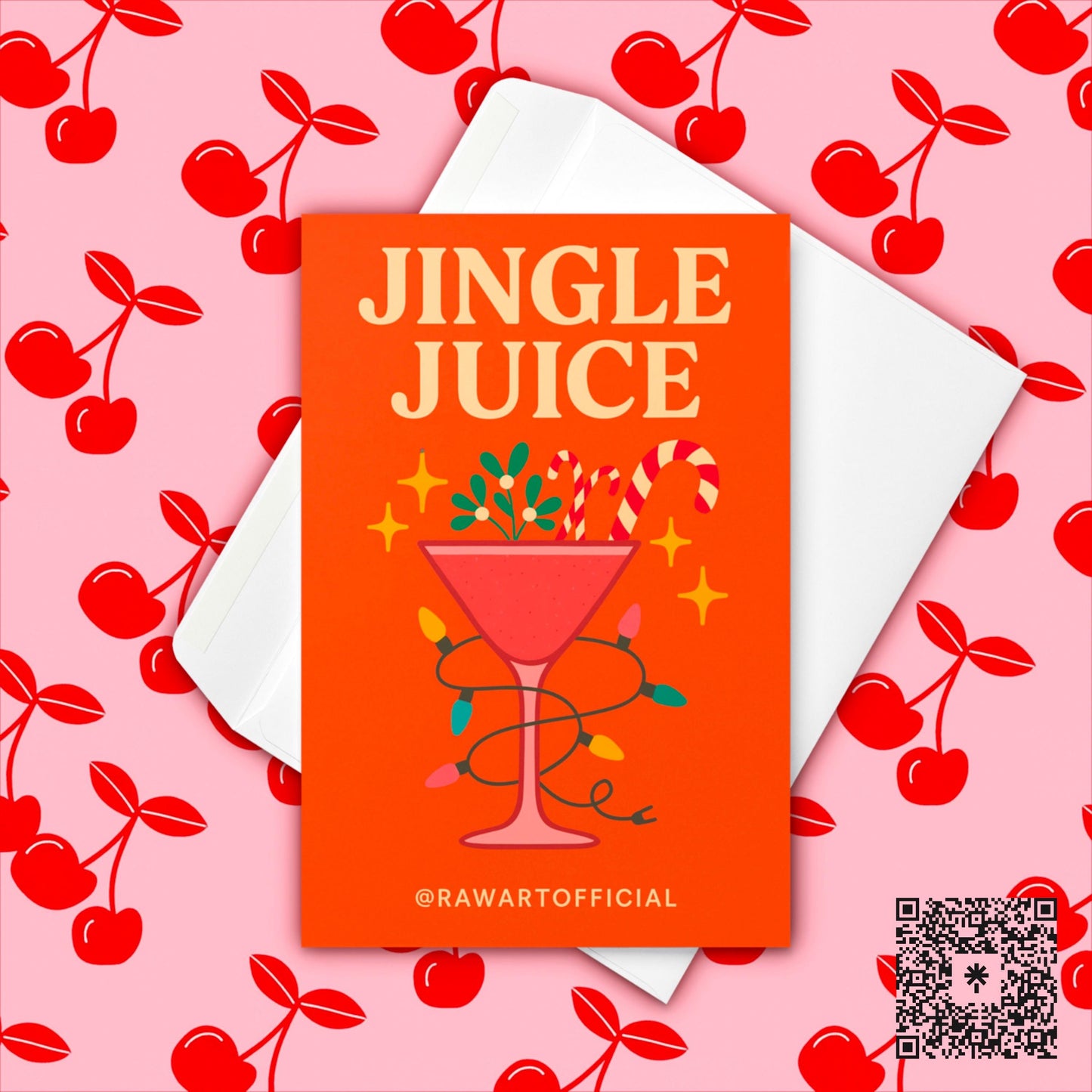 Retro Christmas card with a pink cocktail glass wrapped in lights, candy canes, and mistletoe, text reads &quot;Jingle Juice.&quot;